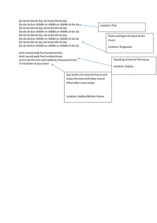 Da lat da (Da lat da),da latda (Da lat da)
Da-da-dadun-diddle un-diddleun-diddle uh da-da
Da lat da (Da lat da),da latda (Da lat da)
Da-da-dadun-diddle un-diddleun-diddle uhda-da
Da lat da (Da lat da),da latda (Da lat da)
Da-da-dadun-diddle un-diddleun-diddle uhda-da
Da lat da (Da lat da),da latda (Da lat da)
Da-da-dadun-diddle un-diddleun-diddle uhda-da
AndI wouldwalkfive hundredmiles
AndI wouldwalkfive hundredmore
Justto be the man whowalkedathousandmiles
To fall downat your door
Shotscuttingto the beat of the
music
Location:Ringwood
Guy walksintomassive house and
closesthe doorwithdoor sound
effectaftermusicstops.
Location:SopleyMordenHouse
Location:Pub
Standinginfrontof the house
Location:Sopley
 