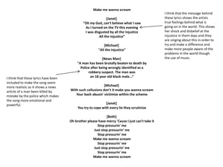 Make me wanna scream 
[Janet] 
"Oh my God, can't believe what I saw 
As I turned on the TV this evening 
I was disgusted by all the injustice 
All the injustice“ 
[Michael] 
"All the injustice“ 
[News Man] 
"A man has been brutally beaten to death by 
Police after being wrongly identified as a 
robbery suspect. The man was 
an 18 year old black male...“ 
[Michael] 
With such collusions don't it make you wanna scream 
Your bash abusin' victimize within the scheme 
[Janet] 
You try to cope with every lie they scrutinize 
[Both] 
Oh brother please have mercy 'Cause I just can't take it 
Stop pressurin' me 
Just stop pressurin' me 
Stop pressurin' me 
Make me wanna scream 
Stop pressurin' me 
Just stop pressurin' me 
Stop pressurin' me 
Make me wanna scream 
I think that these lyrics have been 
included to make the song seem 
more realistic as it shows a news 
article of a man been killed by 
mistake by the police which makes 
the song more emotional and 
powerful. 
I think that the message behind 
these lyrics shows the artists 
true feelings behind what is 
going on in the world. This shows 
her shock and disbelief at the 
injustice in them days and they 
are singing about this in order to 
try and make a difference and 
make more people aware of the 
problems in the world though 
the use of music. 

