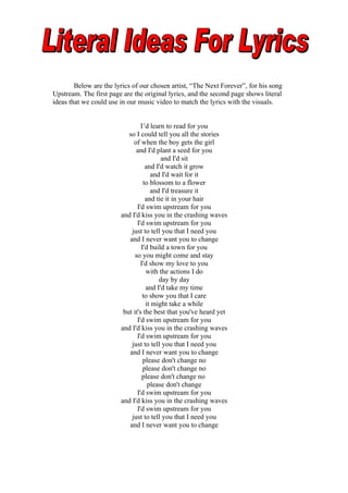 Below are the lyrics of our chosen artist, “The Next Forever”, for his song
Upstream. The first page are the original lyrics, and the second page shows literal
ideas that we could use in our music video to match the lyrics with the visuals.


                                 I’d learn to read for you
                           so I could tell you all the stories
                             of when the boy gets the girl
                              and I'd plant a seed for you
                                         and I'd sit
                                   and I'd watch it grow
                                     and I'd wait for it
                                  to blossom to a flower
                                     and I'd treasure it
                                   and tie it in your hair
                               I'd swim upstream for you
                        and I'd kiss you in the crashing waves
                               I'd swim upstream for you
                            just to tell you that I need you
                           and I never want you to change
                                 I'd build a town for you
                              so you might come and stay
                                 I'd show my love to you
                                   with the actions I do
                                        day by day
                                   and I'd take my time
                                  to show you that I care
                                   it might take a while
                         but it's the best that you've heard yet
                               I'd swim upstream for you
                        and I'd kiss you in the crashing waves
                               I'd swim upstream for you
                            just to tell you that I need you
                           and I never want you to change
                                  please don't change no
                                  please don't change no
                                  please don't change no
                                    please don't change
                               I'd swim upstream for you
                        and I'd kiss you in the crashing waves
                               I'd swim upstream for you
                            just to tell you that I need you
                           and I never want you to change
 