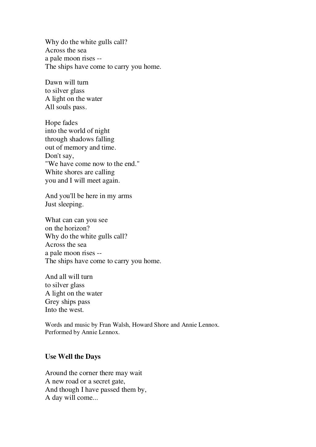 Lord Of The Rings Elf Song Lyrics Lord Of The Rings Lyrics Soundtrack
