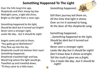 Something Happened To The Light
Over the hills long time ago,
Shepherds and their sheep lay low.
Midnight came, a light did shine,
Bright as the light from a neon sign.
Something happened to the light,
Should be dark but it turned out bright!
Never seen a stranger sight,
Looks like day… but it should be night.
Angels came and said to them,
“You gotta go to Bethlehem!”
They flew up into the sky.
Shepherds could not believe their eyes!
Something happened…
Shepherds travelled high and low,
Wond’ring where the light would go.
Travelled up and travelled down,
‘Til they came to a little town.

Something happened…
Still their journey led them on,
All the time that light it shone.
Over an inn it seemed to hang,
At the door all the shepherds sang:
Something happened…
…Something happened to the light,
Should be dark but it turned out
bright!
Never seen a stranger sight,
Looks like day but it should be night!
Don’t know how it shines so bright.
Tell the truth it gave me a fright.
’Cos it looks like day…but it should be
night!

 
