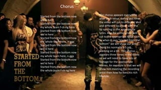 Chorus
Started from the bottom now
we're here
Started from the bottom now
my whole team f-ck-ng here
Started from the bottom now
we're here
Started from the bottom now
the whole team here, n-gga
Started from the bottom now
we're here
Started from the bottom now
my whole team here, n-gga
Started from the bottom now
we're here
Started from the bottom now
the whole team f-ck-ng here
The chorus appears every time
after each verse, during this time
the video will cut to different shot
and different locations with the
lip syncing to the appropriate
lyrics. Also for some lyrics I will
cut to the appropriate lyrics such
as when it says “started from the
bottom” we will show our actor
doing his normally 9-5 job
working on a till. This chorus
appears three times in the video
so we will need to have lots of
footage for the appropriate
scenes. An example is that we will
show him meeting the recording
artist then how he lives his rich
lifestyle.
 