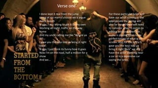 Verse one
I done kept it real from the jump
Living at my mama’s house we'd argue
every month
N-gga, I was trying to get it on my own
Working all night, traffic on the way
home
And my uncle calling me like "Where ya
at?
I gave you the keys told ya bring it right
back”
N-gga, I just think its funny how it goes
Now I’m on the road, half a million for a
show
And we...
For these particular lyrics will
have our actor miming to the
appropriate the timing will
also be something I will need
to consider when it comes to
editing because when the
audio is playing it has to be
perfect timing of what is on
screen. Also for the lyrics “I
gave you the keys told ya
bring it right back” we will
have the actor standing near
a car or in a expensive car
saying the lyrics.
 