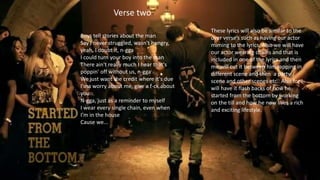 Verse two
Boys tell stories about the man
Say I never struggled, wasn't hungry,
yeah, I doubt it, n-gga
I could turn your boy into the man
There ain't really much I hear that's
poppin' off without us, n-gga
We just want the credit where it's due
I’ma worry about me, give a f-ck about
you
N-gga, just as a reminder to myself
I wear every single chain, even when
I’m in the house
Cause we...
These lyrics will also be similar to the
over verse’s such as having our actor
miming to the lyrics. Also we will have
our actor wearing chains and that is
included in one of the lyrics and then
me will cut it between him rapping in
different scene and then a party
scene and other scenes etc. Also for I
will have it flash backs of how he
started from the bottom by working
on the till and how he now lives a rich
and exciting lifestyle.
 
