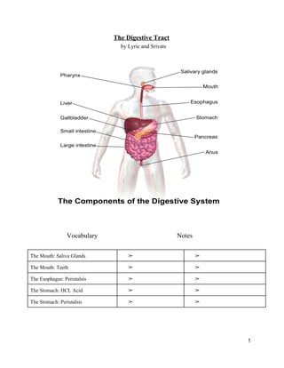 The Digestive Tract
by Lyric and Srivats

Vocabulary

      Notes

The Mouth: Saliva Glands

➢  

➢  

The Mouth: Teeth

➢  

➢  

The Esophagus: Peristalsis

➢  

➢  

The Stomach: HCL Acid

➢  

➢  

The Stomach: Peristalsis

➢  

➢  

1

 