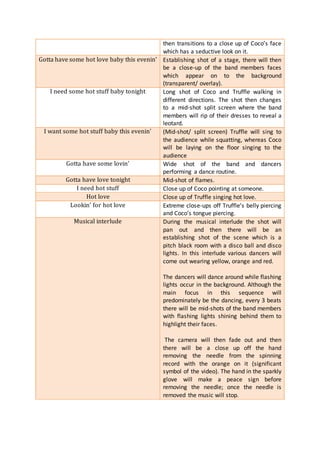 then transitions to a close up of Coco’s face 
which has a seductive look on it. 
Gotta have some hot love baby this evenin' Establishing shot of a stage, there will then 
be a close-up of the band members faces 
which appear on to the background 
(transparent/ overlay). 
I need some hot stuff baby tonight Long shot of Coco and Truffle walking in 
different directions. The shot then changes 
to a mid-shot split screen where the band 
members will rip of their dresses to reveal a 
leotard. 
I want some hot stuff baby this evenin' (Mid-shot/ split screen) Truffle will sing to 
the audience while squatting, whereas Coco 
will be laying on the floor singing to the 
audience 
Gotta have some lovin' Wide shot of the band and dancers 
performing a dance routine. 
Gotta have love tonight Mid-shot of flames. 
I need hot stuff Close up of Coco pointing at someone. 
Hot love Close up of Truffle singing hot love. 
Lookin' for hot love Extreme close-ups off Truffle’s belly piercing 
and Coco’s tongue piercing. 
Musical interlude During the musical interlude the shot will 
pan out and then there will be an 
establishing shot of the scene which is a 
pitch black room with a disco ball and disco 
lights. In this interlude various dancers will 
come out wearing yellow, orange and red. 
The dancers will dance around while flashing 
lights occur in the background. Although the 
main focus in this sequence will 
predominately be the dancing, every 3 beats 
there will be mid-shots of the band members 
with flashing lights shining behind them to 
highlight their faces. 
The camera will then fade out and then 
there will be a close up off the hand 
removing the needle from the spinning 
record with the orange on it (significant 
symbol of the video). The hand in the sparkly 
glove will make a peace sign before 
removing the needle; once the needle is 
removed the music will stop. 
