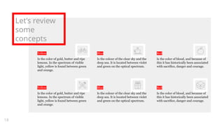 Let’s review
some
concepts
Yellow
Is the color of gold, butter and ripe
lemons. In the spectrum of visible
light, yellow is found between green
and orange.
Blue
Is the colour of the clear sky and the
deep sea. It is located between violet
and green on the optical spectrum.
Red
Is the color of blood, and because of
this it has historically been associated
with sacrifice, danger and courage.
Yellow
Is the color of gold, butter and ripe
lemons. In the spectrum of visible
light, yellow is found between green
and orange.
Blue
Is the colour of the clear sky and the
deep sea. It is located between violet
and green on the optical spectrum.
Red
Is the color of blood, and because of
this it has historically been associated
with sacrifice, danger and courage.
18
 