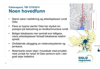 www.osloregionen.no
Faktarapport, TØI 1378/2014
Noen hovedfunn
6
V e s tb y
S k i
Å s
F ro g n
N e s -
o d d e n
O p p e g å rd
B æ ru m
A s k e r
A u rs k o g - H ø la n d
S ø r u mF e t
R æ lin g e n
E n e b a k k
L ø r e n s k o g
S k e d s m o
N itte d a l
G je rd ru m
U lle n s a k e r
N e s
E id s v o ll
N a n n e s ta d
H u r d a l
O s lo
K o n g s v in g e r
L ø te n
S ta n g e
N o rd -
O d a l
S ø r -
O d a l
E id s k o g
G r u e
Å s n e s
V å le r
E lv e ru m
T ry s il
Å m o t
L ille h a m m e r
G jø v ik
Ø y e rG a u s d a l
Ø s tre
T o te n
V e s t re
T o te n
J e v n a k e r
L u n n e r
G ra n
S ø n d re
L a n d
N o rd re
L a n d
S ø r - A u r d a l
E tn e d a l
N o rd -A u r d a l
V e s tr e
S lid r e
Ø y s tr e
S lid re
V a n g
Å r d a l
L æ r d a l
A u r la n d
E id fjo r d
B y g la n d
Å m li G je r s ta d
V in je
T o k k e
F y r e s d a l
N is s e d a l
K v ite s e id
S e ljo rd
H ja rtd a l
T in n
S a u h e r a d
B ø
N o m e
D r a n g e d a l
K ra g e r ø
B a m b le
S ilja n
S k ie n
P o r s g r u n n
L a rd a l
T jø m e
N ø tte rø y
S to k k e
A n d e b u
R e
H o f
S a n d e
S v e lv ik
L a rv ik
S a n d e fjo rd
T ø n s b e rg
H o lm e s tr a n d
H o r te n
N o re o g U v d a l
R o lla g
F le s b e r g
H u ru m
R ø y k e n
L ie r
N e d re
E ik e r
Ø v r e
E ik e r
M o d u m
K r ø d s h e r a d
S ig d a l
H o l
Å l
H e m s e d a l
G o l
N e s
F lå
H o le
R in g e r ik e
K o n g s b e r g
D r a m m e n
R in g s a k e r
H a m a r
H o b ø l
V å le r
R y g g e
R å d e
R a k k e s ta d
S k ip tv e t
E id s b e r g
A s k im
S p y d e b e rg
T r ø g s ta d R ø m s k o g
M a r k e r
A r e m a r k
H v a le r
F r e d r ik s ta d
S a r p s b o rg
M o s s
H a ld e n
N o to d d e n
B e fo lk n in g s v e k s t
2 0 0 4 til 2 0 1 4 .
A b s o lu tte ta ll
1 1 2 5 7 7 5 6 0 5 7 -4 6 3
• Størst vekst i befolkning og arbeidsplasser rundt
Oslo.
• Flere av byene utenfor Oslo har styrket sin
posisjon på bekostning av landkommunene rundt.
• Boliger lokaliseres mer sentralt enn tidligere,
mens arbeidsplasser fortsatt lokaliseres relativt
spredt.
• Omfattende utbygging av motorveisystemer og
jernbane.
• Motoriserte reiser skjer i hovedsak med privatbil,
med unntak for reiser til Oslo sentrum som i stor
grad skjer kollektivt.
 