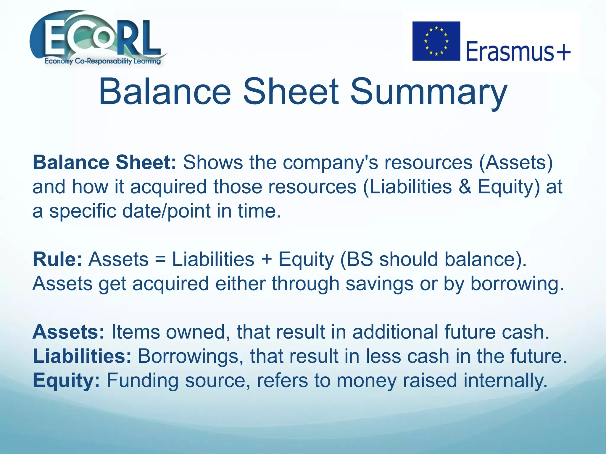 Balance Sheet Summary
Balance Sheet: Shows the company's resources (Assets)
and how it acquired those resources (Liabilities & Equity) at
a specific date/point in time.
Rule: Assets = Liabilities + Equity (BS should balance).
Assets get acquired either through savings or by borrowing.
Assets: Items owned, that result in additional future cash.
Liabilities: Borrowings, that result in less cash in the future.
Equity: Funding source, refers to money raised internally.
 