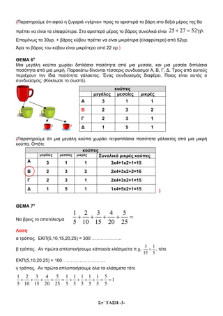 Στ΄ ΤΑΞΗ -3-
(Παρατηρούμε ότι αφού η ζυγαριά «γέρνει» προς τα αριστερά τα βάρη στο δεξιό μέρος της θα
πρέπει να είναι τα ελαφρύτερα. Στο αριστερό μέρος το βάρος συνολικά είναι 25 27 52 .+ = γρ
Επομένως τα 30γρ. + βάρος κύβου πρέπει να είναι μικρότερα (ελαφρύτερα) από 52γρ.
Άρα το βάρος του κύβου είναι μικρότερο από 22 γρ.)
ΘΕΜΑ 6ο
Μια μεγάλη κούπα χωράει διπλάσια ποσότητα από μια μεσαία, και μια μεσαία διπλάσια
ποσότητα από μια μικρή. Παρακάτω δίνονται τέσσερις συνδυασμοί Α, Β, Γ, Δ. Τρεις από αυτούς
περιέχουν την ίδια ποσότητα γάλακτος. Ένας συνδυασμός διαφέρει. Ποιος είναι αυτός ο
συνδυασμός; (Κύκλωσε το σωστό).
(Παρατηρούμε ότι μια μεγάλη κούπα χωράει τετραπλάσια ποσότητα γάλακτος από μια μικρή
κούπα. Οπότε
)
ΘΕΜΑ 7ο
Να βρεις το αποτέλεσμα
1 2 3 4 5
5 10 15 20 25
+ + + + =
Λύση
α τρόπος. ΕΚΠ(5,10,15,20,25) = 300 ………………..
β τρόπος. Αν πρώτα απλοποιήσουμε κάποιο/α κλάσμα/τα π.χ.
3 1
15 5
= , τότε
ΕΚΠ(5,10,20,25) = 100 ……………………….
γ τρόπος. Αν πρώτα απλοποιήσουμε όλα τα κλάσματα τότε
1 2 3 4 5 1 1 1 1 1 5
1
5 10 15 20 25 5 5 5 5 5 5
+ + + + = + + + + = =
κούπες
μεγάλες μεσαίες μικρές
Α 3 1 1
Β 2 3 2
Γ 2 3 1
Δ 1 5 1
κούπες
μεγάλες μεσαίες μικρές Συνολικά μικρές κούπες
Α 3 1 1 3x4+1x2+1=15
Β 2 3 2 2x4+3x2+2=16
Γ 2 3 1 2x4+3x2+1=15
Δ 1 5 1 1x4+5x2+1=15
 