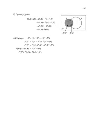 107
	 ii) Ομοίως έχουμε
			 ( ) ( ) ( )P P PΑ Β Α Α Β′∩ = − ∩
				 ( ) ( ) ( )P P PΑ Α Β= − ⋅
				 ( )(1 ( ))P PΑ Β= −
				 ( ) ( )P PΑ Β′= ⋅ .
	 iii) Έχουμε	 ( ) ( )Β Α Β Α Β′ ′ ′ ′= ∩ ∪ ∩
		 ( ) ( ) ( )P P PΒ Α Β Α Β′ ′ ′ ′= ∩ + ∩
		 ( ) ( ) ( ) ( )P P P PΒ Α Β Α Β′ ′ ′ ′= ⋅ + ∩
	 ( )(1 ( )) ( )P P PΒ Α Α Β′ ′ ′− = ∩
		 ( ) ( ) ( )P P PΒ Α Α Β′ ′ ′ ′⋅ = ∩ .
22-0089-Α-2 doros.indd 107 3/10/2013 3:05:55 μμ
 