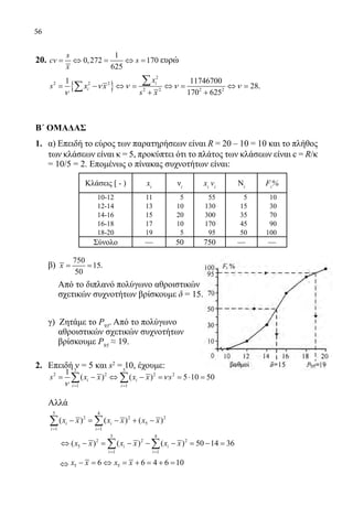 56
20.	
1
0,272 170
625
s
cv s
x
= ⇔ = ⇔ = ευρώ
	
{ }
2
2 2 2
2 2 2 2
1 11746700
28
170 625
i
i
x
s x x
s x
ν ν ν ν
ν
= − ⇔= ⇔= ⇔=
+ +
∑∑ .
Β΄ ΟΜΑΔΑΣ
1.	 α) Επειδή το εύρος των παρατηρήσεων είναι R = 20 – 10 = 10 και το πλήθος
των κλάσεων είναι κ = 5, προκύπτει ότι το πλάτος των κλάσεων είναι c = R/κ
= 10/5 = 2. Επομένως ο πίνακας συχνοτήτων είναι:
Κλάσεις [ - ) xi
νi
xi
vi
Νi
Fi
%
10-12 11 5 55 5 10
12-14 13 10 130 15 30
14-16 15 20 300 35 70
16-18 17 10 170 45 90
18-20 19 5 95 50 100
Σύνολο — 50 750 — —
	 β)
750
15
50
x= = .
Από το διπλανό πολύγωνο αθροιστικών
σχετικών συχνοτήτων βρίσκουμε δ = 15.
	 γ) Ζητάμε το Ρ95
. Από το πολύγωνο
αθροιστικών σχετικών συχνοτήτων
βρίσκουμε Ρ95
≈ 19.
2.	 Επειδή ν = 5 και s2
= 10, έχουμε:
	
5 5
2 2 2 2
1 1
1
( ) ( ) 5 10 50i i
i i
s x x x x sν
ν= =
= − ⇔ − = =⋅ =∑ ∑
	 Αλλά
	
5 4
2 2 2
5
1 1
( ) ( ) ( )i i
i i
x x x x x x
= =
− = − + −∑ ∑
	
5 4
2 2 2
5
1 1
( ) ( ) ( ) 50 14 36i i
i i
x x x x x x
= =
⇔ − = − − − = − =∑ ∑
5 56 6 4 6 10x x x x− = ⇔ = + = + =
5 4
2 2 2
5
1 1
( ) ( ) ( ) 50 14 36i i
i i
x x x x x x
= =
⇔ − = − − − = − =∑ ∑
22-0089-Α-2 doros.indd 56 3/10/2013 3:05:26 μμ
 