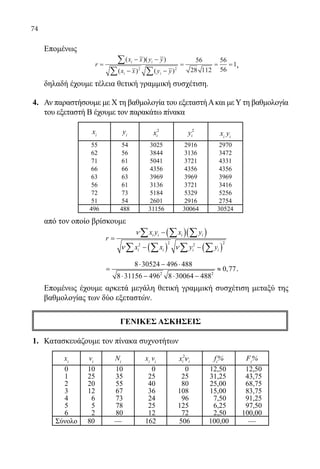 74
	 Επομένως
	
r
x x y y
x x y y
i i
i i
=
− −
− −
= = =
∑
∑ ∑
( )( )
( ) ( )2 2
56
28 112
56
56
1,
	 δηλαδή έχουμε τέλεια θετική γραμμική συσχέτιση.
4.	 Αν παραστήσουμε με X τη βαθμολογία του εξεταστήΑκαι με Y τη βαθμολογία
του εξεταστή Β έχουμε τον παρακάτω πίνακα
xi
yi
2
ix 2
iy xi
yi
55 54 3025 2916 2970
62 56 3844 3136 3472
71 61 5041 3721 4331
66 66 4356 4356 4356
63 63 3969 3969 3969
56 61 3136 3721 3416
72 73 5184 5329 5256
51 54 2601 2916 2754
496 488 31156 30064 30524
	 από τον οποίο βρίσκουμε
	
( )( )
( ) ( )
2 22 2
i i i i
i i i i
x y x y
r
x x y y
ν
ν ν
−
=
− −
∑ ∑ ∑
∑ ∑ ∑ ∑
	
2 2
8 30524 496 488
0,77
8 31156 496 8 30064 488
⋅ − ⋅
= ≈
⋅ − ⋅ −
.
	 Επομένως έχουμε αρκετά μεγάλη θετική γραμμική συσχέτιση μεταξύ της
βαθμολογίας των δύο εξεταστών.
ΓΕΝΙΚΕΣ ΑΣΚΗΣΕΙΣ
1.	 Κατασκευάζουμε τον πίνακα συχνοτήτων
xi
νi
Νi
xi
vi
2
i ix ν fi
% Fi
%
0 10 10 0 0 12,50 12,50
1 25 35 25 25 31,25 43,75
2 20 55 40 80 25,00 68,75
3 12 67 36 108 15,00 83,75
4 6 73 24 96 7,50 91,25
5 5 78 25 125 6,25 97,50
6 2 80 12 72 2,50 100,00
Σύνολο 80 — 162 506 100,00 —
22-0089-Α-2 doros.indd 74 3/10/2013 4:27:33 μμ
 