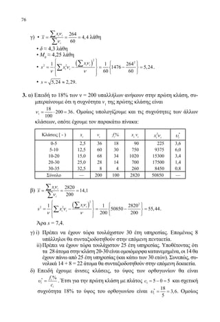 76
	 γ) •
264
4,4
60
i i
i
x
x
ν
ν
= = =
∑
∑
λάθη
• δ ≈ 4,3 λάθη
• Μ0
≈ 4,25 λάθη
•
( )
2
2
2 21 1 264
1476 5,24
60 60
i i
i i
x
s x
ν
ν
ν ν
    
= − = − =   
   
∑
∑ .
• 5,24 2,29s= ≈ .
3. α) Επειδή το 18% των ν = 200 υπαλλήλων ανήκουν στην πρώτη κλάση, συ-
μπεραίνουμε ότι η συχνότητα ν1
της πρώτης κλάσης είναι
	 1
18
200 36
100
ν = ⋅ = . Ομοίως υπολογίζουμε και τις συχνότητες των άλλων
κλάσεων, οπότε έχουμε τον παρακάτω πίνακα:
Κλάσεις [ - ) xi
νi
fi
% xi
νi
2
i ix ν *
iυ
0-5 2,5 36 18 90 225 3,6
5-10 12,5 60 30 750 9375 6,0
10-20 15,0 68 34 1020 15300 3,4
20-30 25,0 28 14 700 17500 1,4
30-35 32,5 8 4 260 8450 0,8
Σύνολο — 200 100 2820 50850 —
β)
2820
14,1
200
i i
i
x
x
ν
ν
= = =
∑
∑
( )
2
2
2 21 1 2820
50850 55,44
200 200
i i
i i
x
s x
ν
ν
ν ν
    
= − = − =   
   
∑
∑ .
Άρα s = 7,4.
	 γ) i)	Πρέπει να έχουν τώρα τουλάχιστον 30 έτη υπηρεσίας. Επομένως 8
υπάλληλοι θα συνταξιοδοτηθούν στην επόμενη πενταετία.
ii)	Πρέπει να έχουν τώρα τουλάχιστον 25 έτη υπηρεσίας. Υποθέτοντας ότι
τα 28 άτομα στην κλάση 20-30 είναι ομοιόμορφα κατανεμημένα, οι 14 θα
έχουν πάνω από 25 έτη υπηρεσίας (και κάτω των 30 ετών). Συνεπώς, συ-
νολικά 14 + 8 = 22 άτομα θα συνταξιοδοτηθούν στην επόμενη δεκαετία.
	 δ) Επειδή έχουμε άνισες κλάσεις, το ύψος των ορθογωνίων θα είναι
* %i
i
i
f
c
υ = . Έτσι για την πρώτη κλάση με πλάτος 1 5 0 5c = − = και σχετική
συχνότητα 18% το ύψος του ορθογωνίου είναι *
1
18
3,6
5
υ= = . Ομοίως
22-0089-Α-2 doros.indd 76 3/10/2013 3:05:37 μμ
 