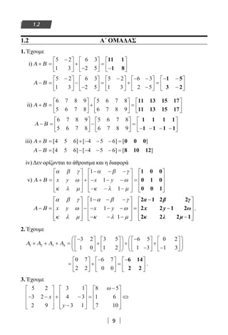 9
1.2
1.2	 Α΄ ΟΜΑΔΑΣ
1. Έχουμε
i) Α Β+ =
−




 +
−





 =
−






5 2
1 3
6 3
2 5
11 1
1 8
Α Β− =
−




 −
−





 =
−




 +
− −
−





 =
− −5 2
1 3
6 3
2 5
5 2
1 3
6 3
2 5
1 5
33 2−






ii) Α Β+ =





 +





 =






6 7 8 9
5 6 7 8
5 6 7 8
6 7 8 9
11 13 15 17
11 13 15 17
Α Β− =





 −





 =
− − − −






6 7 8 9
5 6 7 8
5 6 7 8
6 7 8 9
1 1 1 1
1 1 1 1
iii) Α Β+ = + − − − =[ ] [ ] [ ]4 5 6 4 5 6 0 0 0
Α Β− = − − − − =[ ] [ ] [ ]4 5 6 4 5 6 8 10 12
iv) Δεν ορίζονται το άθροισμα και η διαφορά
v) Α Β+ =










+
− − −
− − −
− − −










=
α β γ
ω
κ λ µ
α β γ
ω
κ λ µ
x y y
1
1
1
x
1 0 00
0 1 0
0 0 1










.
2. Έχουμε
Α Α Α Α1 2 3 4
3 2
1 0
3 5
1 2
6 5
1 3
0 2
1
+ + + =
−




 +











 +
−
−





 +
− 33












=





 +
−




 =
−





0 7
2 2
6 7
0 0
6 14
2 2
.
3. Έχουμε
5 2
3 2
2 9
3 1
4 3
3 1
8 5
1 6
7 10
− −










+ −
−










=
−







x
y
ω

⇔
22-0182-02.indb 9 26/11/2013 4:08:42 μμ
 
