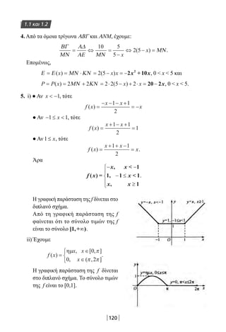 120
1.1 και 1.2
4. Από τα όμοια τρίγωνα ΑΒΓ και ΑΝΜ, έχουμε:
ΒΓ
ΜΝ
Α∆
ΑΕ ΜΝ
ΜΝ= ⇔ =
−
⇔ − =
10 5
5
2 5
x
x( ) .
Επομένως,
Ε Ε ΜΝ ΚΝ= = ⋅ = − = −( ) ( )x x x2 5 2 +102
x x, 0  x  5 και
P P x x x= = + = ⋅ − + ⋅ = −( ) ( )2 2 2 2 5 2ΜΝ ΚΝ 20 2x, 0  x  5.
5. i) ● Αν x  −1, τότε
f x
x x
x( ) =
− − − +
= −
1 1
2
● Αν − ≤ 1 1x , τότε
f x
x x
( ) =
+ − +
=
1 1
2
1
● Αν 1 x≤ , τότε
f x
x x
x( ) =
+ + −
=
1 1
2
.
Άρα
f x
x x
x
x x
( ) =
,  1
1, 1  1
, 1
− −
− ≤
≥





.
Η γραφική παράσταση της f δίνεται στο
διπλανό σχήμα.
Από τη γραφική παράσταση της f
φαίνεται ότι το σύνολο τιμών της f
είναι το σύνολο ∞[1,+ ).
ii) Έχουμε
f x
x x
x
( )
, [ , ]
, ( , ]
=
∈
∈



ηµ 0
0 2
π
π π
.
Η γραφική παράσταση της f δίνεται
στο διπλανό σχήμα. Το σύνολο τιμών
της f είναι το [0,1].
22-0182-02.indb 120 26/11/2013 4:10:43 μμ
 