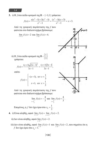 130
1.4
3. i) H f στο πεδίο ορισμού της R – {–1,1} γράφεται:
f x
x x x
x
x x
x
x( )
( ) ( ) ( )( )
=
− + −
−
=
− +
−
= +
2 2
2
2
2
1 3 1
1
1 3
1
3.
Από τη γραφική παράσταση της f που
φαίνεται στο διπλανό σχήμα βρίσκουμε:
lim ( )
x
f x
→−
=
1
2 και lim ( )
x
f x
→
=
1
4.
ii) Η f στο πεδίο ορισμού της R−






1
3
γράφεται:
f x
x x
x
x x
x
( )
( ) ( ) ( )
=
+ −
−
=
+ −
−
1 3 1
3 1
1 3 1
3 1
2
,
οπότε
f x
x x
x x
( )
( ),
,
=
− + 
+ 






1
1
3
1
1
3
αν
αν
Από τη γραφική παράσταση της f που
φαίνεται στο διπλανό σχήμα βρίσκουμε:
lim ( )
x
f x
→
−
= −
1
3
4
3
και lim ( )
x
f x
→
+
=
1
3
4
3
.
Επομένως, η f δεν έχει όριο στο x0
1
3
= .
4. i) Είναι αληθής, αφού lim ( ) lim ( )
x x
f x f x
→− →−
= =+2 2
2.
ii) Δεν είναι αληθής, αφού lim ( )
x
f x
→ +
=
1
2.
iii) Δεν είναι αληθής, αφού lim ( )
x
f x
→ −
=
1
1 και lim ( )
x
f x
→ +
=
1
2 , που σημαίνει ότι η
f δεν έχει όριο στο x0
= 1.
22-0182-02.indb 130 26/11/2013 4:11:21 μμ
 
