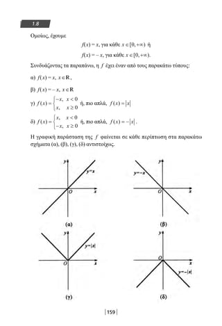 159
1.8
Ομοίως, έχουμε
f(x) = x, για κάθε x ∈ +∞[ , )0 ή
f(x) = – x, για κάθε x ∈ +∞[ , )0 .
Συνδυάζοντας τα παραπάνω, η f έχει έναν από τους παρακάτω τύπους:
α) f(x) = x, x∈R,
β) f(x) = – x, x∈R
γ) f x
x x
x x
( )
,
,
=
− 
≥



0
0
ή, πιο απλά, f x x( ) =
δ) f x
x x
x x
( )
,
,
=

− ≥



0
0
ή, πιο απλά, f x x( ) = − .
Η γραφική παράσταση της f φαίνεται σε κάθε περίπτωση στα παρακάτω
σχήματα (α), (β), (γ), (δ) αντιστοίχως.
22-0182-02.indb 159 26/11/2013 4:13:04 μμ
 