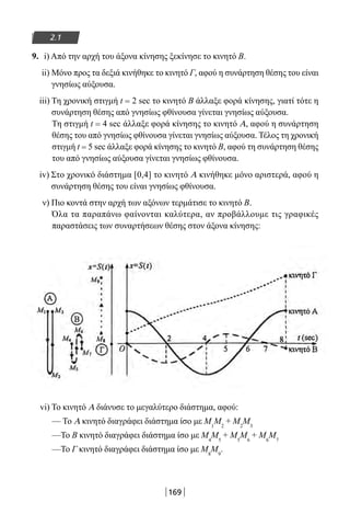 169
2.1
9. i) Από την αρχή του άξονα κίνησης ξεκίνησε το κινητό Β.
ii) Μόνο προς τα δεξιά κινήθηκε το κινητό Γ, αφού η συνάρτηση θέσης του είναι
γνησίως αύξουσα.
iii) Τη χρονική στιγμή t = 2 sec το κινητό Β άλλαξε φορά κίνησης, γιατί τότε η
συνάρτηση θέσης από γνησίως φθίνουσα γίνεται γνησίως αύξουσα.
Τη στιγμή t = 4 sec άλλαξε φορά κίνησης το κινητό Α, αφού η συνάρτηση
θέσης του από γνησίως φθίνουσα γίνεται γνησίως αύξουσα. Τέλος τη χρονική
στιγμή t = 5 sec άλλαξε φορά κίνησης το κινητό Β, αφού τη συνάρτηση θέσης
του από γνησίως αύξουσα γίνεται γνησίως φθίνουσα.
iv) Στο χρονικό διάστημα [0,4] το κινητό Α κινήθηκε μόνο αριστερά, αφού η
συνάρτηση θέσης του είναι γνησίως φθίνουσα.
ν) Πιο κοντά στην αρχή των αξόνων τερμάτισε το κινητό Β.
Όλα τα παραπάνω φαίνονται καλύτερα, αν προβάλλουμε τις γραφικές
παραστάσεις των συναρτήσεων θέσης στον άξονα κίνησης:
vi) Το κινητό Α διάνυσε το μεγαλύτερο διάστημα, αφού:
— Το Α κινητό διαγράφει διάστημα ίσο με Μ1
Μ2
+ Μ2
Μ3
—Το Β κινητό διαγράφει διάστημα ίσο με Μ4
Μ5
+ Μ5
Μ6
+ Μ6
Μ7
—Το Γ κινητό διαγράφει διάστημα ίσο με Μ8
Μ9
.
22-0182-02.indb 169 26/11/2013 4:13:30 μμ
 