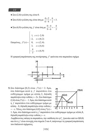 173
2.2
● Στο (2,4) η κλίση της είναι 0.
● Στο (4,6) η κλίση της είναι ίση με
4 2
6 4
6
2
3
+
−
= = .
● Στο (6,9) η κλίση της f είναι ίση με
0 4
9 6
4
3
−
−
= − .
Επομένως, ′ =
∈ −
− ∈
∈
∈
− ∈



f x
x
x
x
x
x
( )
, ( , )
, ( , )
, ( , )
, ( , )
, ( , )
1 2 0
2 0 2
0 2 4
3 4 6
4
3
6 9








.
Η γραφική παράσταση της συνάρτησης f′ φαίνεται στο παρακάτω σχήμα
5. Στο διάστημα [0,2) είναι f′(x) = 2. Άρα,
στο διάστημα αυτό η f παριστάνει ένα
ευθύγραμμο τμήμα με κλίση 2, δηλαδή
παράλληλο στην ευθεία y = 2x. Στο διάστημα
(2,4) είναι f′(x) = – 1.Άρα, στο διάστημα αυτό
η f παριστάνει ένα ευθύγραμμο τμήμα με
κλίση – 1, δηλαδή παράλληλο στην ευθεία y
= – x. Τέλος, στο διάστημα (4,8] είναι f′(x) =
1. Άρα, στο διάστημα αυτό η f παριστάνει ένα ευθύγραμμο τμήμα με κλίση 1,
δηλαδή παράλληλο στην ευθεία y = x.
Λαμβάνοντας υπόψη τα παραπάνω, την υπόθεση ότι η Cf
ξεκινάει από το Ο(0,0)
και ότι η f είναι συνεχής στα σημεία 2 και 4, παίρνουμε τη γραφική παράσταση
του διπλανού σχήματος.
22-0182-02.indb 173 26/11/2013 4:13:40 μμ
 