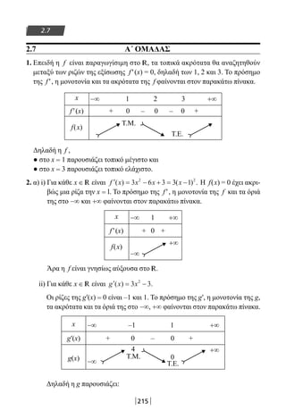215
2.7
2.7 Α΄ ΟΜΑΔΑΣ
1. Επειδή η  f  είναι παραγωγίσιμη στο R, τα τοπικά ακρότατα θα αναζητηθούν
μεταξύ των ριζών της εξίσωσης  f′(x) = 0, δηλαδή των 1, 2 και 3. Το πρόσημο
της  f′, η μονοτονία και τα ακρότατα της  f φαίνονται στον παρακάτω πίνακα.
x −∞                1               2               3              +∞
f′(x) + 0 – 0 – 0 +
f(x)
                  Τ.Μ.                      
Τ.Ε.
Δηλαδή η  f ,
● στο x = 1 παρουσιάζει τοπικό μέγιστο και
● στο x = 3 παρουσιάζει τοπικό ελάχιστο.
2. α) i) Για κάθε x ∈ R είναι ′ = − + = −f x x x x( ) ( ) .3 6 3 3 12 2
Η  f(x) = 0 έχει ακρι-
βώς μια ρίζα την x = l. Το πρόσημο της  f′, η μονοτονία της  f  και τα όριά
της στο −∞ και +∞ φαίνονται στον παρακάτω πίνακα.
x −∞       1         +∞
f′(x) + 0 +
f(x)
−∞
+∞
Άρα η  f είναι γνησίως αύξουσα στο R.
ii) Για κάθε x ∈ R είναι ′ = −g x x( ) .3 32
Οι ρίζες της g′(x) = 0 είναι –1 και 1. Το πρόσημο της g′, η μονοτονία της g,
τα ακρότατα και τα όριά της στο −∞, +∞ φαίνονται στον παρακάτω πίνακα.
x −∞                    –1                      1                       +∞
g′(x) + 0 – 0 +
g(x)
4
0
−∞
T.M.
T.E.
+∞
Δηλαδή η g παρουσιάζει:
22-0182-02-b.indd 215 28/11/2013 1:20:33 μμ
 