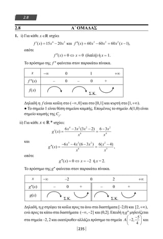 235
2.8
2.8 Α΄ ΟΜΑΔΑΣ
1. i) Για κάθε x ∈R ισχύει
′ = −f x x x( ) 15 204 3
και ′′ = − = −f x x x x x( ) ( ),60 60 60 13 2 2
οπότε
′′ = ⇔ =f x x( ) 0 0 (διπλή) ή x = 1.
Το πρόσημο της f ″ φαίνεται στον παρακάτω πίνακα.
x −∞ 0 1 +∞
f ″(x) – 0 – 0 +
f(x)
Σ.Κ.
Δηλαδή η f είναι κοίλη στο ( , ]−∞ 0 και στο [0,1] και κυρτή στο [ , )1 +∞ .
● Το σημείο 1 είναι θέση σημείου καμπής. Επομένως το σημείο Α(1,0) είναι
σημείο καμπής της Cf
.
ii) Για κάθε x ∈ *R ισχύει:
′ =
− −
=
−
g x
x x x
x
x
x
( )
( )6 3 3 2 6 34 2 2
6
2
4
και
′′ =
− − −
=
−
g x
x x x
x
x
x
( )
( ) ( )
,
6 4 6 3 6 45 3 2
8
2
5
οπότε
′′ = ⇔ = −g x x( ) 0 2 ή x = 2.
Το πρόσημο της g″ φαίνεται στον παρακάτω πίνακα.
x −∞ –2 0 2 +∞
g″(x) – 0 + – 0 +
g(x)
Σ.Κ. Σ.Κ.
Δηλαδή, η g στρέφει τα κοίλα προς τα άνω στα διαστήματα [–2,0) και [ , ),2 +∞
ενώ προς τα κάτω στα διαστήματα ( , ]−∞ −2 και (0,2]. Επειδή η g″ μηδενίζεται
στα σημεία –2, 2 και εκατέρωθεν αλλάζει πρόσημο τα σημεία Α −
−




2
5
4
, και
22-0182-02.indb 235 26/11/2013 4:16:11 μμ
 
