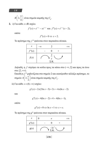 236
2.8
Β 2
5
4
,





 είναι σημεία καμπής της Cg
.
2. i) Για κάθε x ∈R ισχύει
′ = −− −
f x e xex x
( ) 1 1
και ′′ = −−
f x e xx
( ) ( ),1
2
οπότε
′′ = ⇔ =f x x( ) .0 2
Το πρόσημο της f ″ φαίνεται στον παρακάτω πίνακα.
x −∞ 2 +∞
f ″(x) – 0 +
f(x)
Δηλαδή, η f στρέφει τα κοίλα προς τα κάτω στο ( , ]−∞ 2 και προς τα άνω
στο [ , )2 +∞ .
Επειδή η f ″ μηδενίζεται στο σημείο 2 και εκατέρωθεν αλλάζει πρόσημο, το
σημείο Α 2
2
,
e




 είναι σημείο καμπής της Cf
.
ii) Για κάθε x ∈ +∞( , )0 ισχύει:
′ = − + = −g x x x x x x( ) ( ln ) (ln )2 2 5 2 4 2
και
′′ = − + = −g x x x( ) (ln ) (ln ),4 2 4 4 1
οπότε
′′ = ⇔ = ⇔ =g x x x e( ) ln .0 1
Το πρόσημο της g″ φαίνεται στον παρακάτω πίνακα.
x 0 e +∞
g″(x) – 0 +
g(x) −3 2
e
2
e
Σ.Κ.
Σ.Κ.
22-0182-02.indb 236 26/11/2013 4:16:14 μμ
 