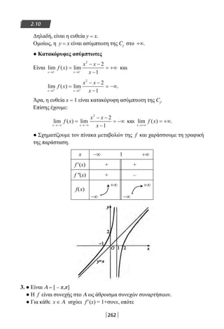 262
2.10
Δηλαδή, είναι η ευθεία y = x.
Ομοίως, η y = x είναι ασύμπτωτη της Cf
στο +∞.
● Κατακόρυφες ασύμπτωτες
Είναι lim ( ) lim
x x
f x
x x
x→ →− −
=
− −
−
= +∞
1 1
2
2
1
και
lim ( ) lim .
x x
f x
x x
x→ →+ +
=
− −
−
= −∞
1 1
2
2
1
Άρα, η ευθεία x = 1 είναι κατακόρυφη ασύμπτωτη της Cf
.
Επίσης έχουμε:
lim ( ) lim
x x
f x
x x
x→−∞ →−∞
=
− −
−
= −∞
2
2
1
και lim ( ) .
x
f x
→+∞
= +∞
● Σχηματίζουμε τον πίνακα μεταβολών της f και χαράσσουμε τη γραφική
της παράσταση.
x −∞ 1 +∞
f′(x) + +
f ″(x) + –
f(x)
3. ● Είναι Α = [ – π,π]
● Η f είναι συνεχής στο Α ως άθροισμα συνεχών συναρτήσεων.
● Για κάθε x ∈ Α ισχύει f′(x) = 1+συνx, οπότε
+∞ +∞
−∞ −∞
22-0182-02.indb 262 26/11/2013 4:17:34 μμ
 