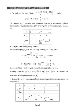 268
ΓΕΝΙΚΕΣ ΑΣΚΗΣΕΙΣ 2ου
ΚΕΦΑΛΑΙΟΥ Γ’ ΟΜΑΔΑΣ
● Για κάθε x  0 ισχύει ′′ =
− − −
=
−
f x
x x x
x
x
x
( )
( ln ) ln
,
2 1 2 3
4 3
οπότε
′′ = ⇔ = ⇔ =f x x x e( ) ln ./
0
3
2
3 2
Το πρόσημο της f ″ φαίνεται στον παρακάτω πίνακα, από τον οποίο προσδιορί-
ζουμε τα διαστήματα στα οποία η Cf
είναι κυρτή ή κοίλη και τα σημεία καμπής
της.
x 0 e
3/2
+∞
f ″(x) – 0 +
f(x)
● Πλάγιες - οριζόντιες ασύμπτωτες
Η ασύμπτωτη της Cf
στο +∞ είναι της μορφής y = λx + β, όπου
λ = = = =
→+∞






→+∞ →+∞
lim
ln
lim lim
x x x
x
x
x
x x2
0
0
2
1
2
1
2
0 και
β λ= − = = =
→+∞ →+∞ →+∞
lim ( ( ) ) lim
ln
lim .
x x x
f x x
x
x
x
1
1
0
Άρα, η ευθεία y = 0 είναι οριζόντια ασύμπτωτη της Cf
στο +∞.
Επειδή, επιπλέον, lim ( ) lim
ln
lim ln ,
x x x
f x
x
x x
x
→ → →
= = ⋅





 = −∞+ +0 0 0
1
η ευθεία x = 0
είναι κατακόρυφη ασύμπτωτη της Cf
.
● Σχηματίζουμε τον πίνακα μεταβολών της f και χαράσσουμε τη γραφική της
παράσταση.
x 0 e e
3/2
+∞
f′(x) + 0 – –
f ″(x) – – 0 +
f(x)
−∞ 0
1
e
T M. .
3
2 3 2
e /
. .Σ Κ
3
2 3 2
e /
. .Σ Κ
22-0182-02.indb 268 26/11/2013 4:17:50 μμ
 