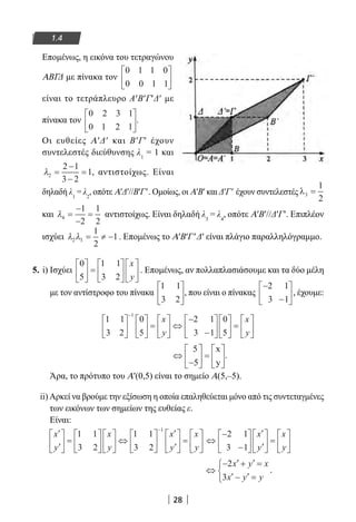 28
1.4
Επομένως, η εικόνα του τετραγώνου
ΑΒΓΔ με πίνακα τον
0 1 1 0
0 0 1 1






είναι το τετράπλευρο Α′Β′Γ′Δ′ με
πίνακα τον
0 2 3 1
0 1 2 1





.
Οι ευθείες Α′Δ′ και Β′Γ′ έχουν
συντελεστές διεύθυνσης λ1
= 1 και
λ2
2 1
3 2
1=
−
−
= , αντιστοίχως. Είναι
δηλαδή λ1
= λ2
, οπότε Α′Δ′//Β′Γ′. Ομοίως, οι Α′Β′ και Δ′Γ′ έχουν συντελεστές λ3
1
2
=
και λ4
1
2
1
2
=
−
−
= αντιστοίχως. Είναι δηλαδή λ3
= λ4
, οπότε Α′Β′//Δ′Γ′. Επιπλέον
ισχύει λ λ2 3
1
2
1= ≠ − . Επομένως το Α′Β′Γ′Δ′ είναι πλάγιο παραλληλόγραμμο.
5. i) Ισχύει
0
5
1 1
3 2





 =












x
y
. Επομένως, αν πολλαπλασιάσουμε και τα δύο μέλη
με τον αντίστροφο του πίνακα
1 1
3 2





, που είναι ο πίνακας
−
−






2 1
3 1
, έχουμε:
1 1
3 2
0
5
2 1
3 1
0
5
1











 =





 ⇔
−
−











 =





−
x
y
x
y
⇔
−





 =






5
5
x
y
.
Άρα, το πρότυπο του Α′(0,5) είναι το σημείο Α(5,–5).
ii) Αρκεί να βρούμε την εξίσωση η οποία επαληθεύεται μόνο από τις συντεταγμένες
των εικόνων των σημείων της ευθείας ε.
Είναι:
′
′





 =











 ⇔






′
′





 =



−
x
y
x
y
x
y
x
y
1 1
3 2
1 1
3 2
1


 ⇔
−
−






′
′





 =






2 1
3 1
x
y
x
y
⇔
− ′ + ′ =
′ − ′ =



2
3
x y x
x y y
.
22-0182-02.indb 28 26/11/2013 4:08:48 μμ
 