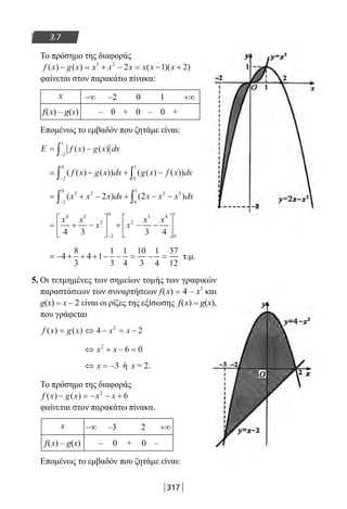 317
3.7
Το πρόσημο της διαφοράς
f x g x x x x x x x( ) ( ) ( )( )− = + − = − +3 2
2 1 2
φαίνεται στον παρακάτω πίνακα:
x −∞ –2 0 1 +∞
f(x) – g(x) – 0 + 0 – 0 +
Επομένως το εμβαδόν που ζητάμε είναι:
Ε = −
−∫ f x g x dx( ) ( )
2
1
= − + −
−∫ ∫( ( ) ( )) ( ( ) ( ))f x g x dx g x f x dx
2
0
0
1
= + − + − −
−∫ ∫( ) ( )x x x dx x x x dx3 2
2
0
2 3
0
1
2 2
= + −





 + − −






−
x x
x x
x x4 3
2
2
0
2
3 4
0
1
4 3 3 4
= − + + + − − = − =4
8
3
4 1
1
3
1
4
10
3
1
4
37
12
τ.μ.
5. Οι τετμημένες των σημείων τομής των γραφικών
παραστάσεων των συναρτήσεων f(x) = 4 – x2
και
g(x) = x – 2 είναι οι ρίζες της εξίσωσης f(x) = g(x),
που γράφεται
f x g x x x( ) ( )= ⇔ − = −4 22
⇔ + − =x x2
6 0
⇔ = −x 3 ή x = 2.
Το πρόσημο της διαφοράς
f x g x x x( ) ( )− = − − +2
6
φαίνεται στον παρακάτω πίνακα.
x −∞ –3 2 +∞
f(x) – g(x) – 0 + 0 –
Επομένως το εμβαδόν που ζητάμε είναι:
22-0182-02.indb 317 26/11/2013 4:21:31 μμ
 