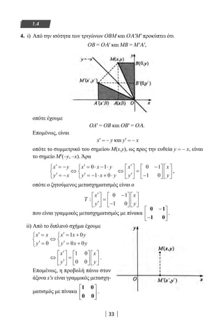 33
1.4
4. i) Από την ισότητα των τριγώνων ΟΒΜ και ΟΑ′Μ′ προκύπτει ότι
OB = OΑ′ και ΜΒ = Μ′Α′,
οπότε έχουμε
ΟΑ′ = ΟΒ και ΟΒ′ = ΟΑ.
Επομένως, είναι
x′ = – y και y′ = – x
οπότε το συμμετρικό του σημείου M(x,y), ως προς την ευθεία y = – x, είναι
το σημείο M′(–y, –x). Άρα
′ = −
′ = −



⇔
′ = ⋅ − ⋅
′ = − ⋅ + ⋅



⇔
′
′





 =
−
−


x y
y x
x x y
y x y
x
y
0 1
1 0
0 1
1 0









x
y
,
οπότε ο ζητούμενος μετασχηματισμός είναι ο
Τ :
′
′





 =
−
−












x
y
x
y
0 1
1 0
που είναι γραμμικός μετασχηματισμός με πίνακα
0 1
1 0
−
−





 .
ii) Από το διπλανό σχήμα έχουμε
′ =
′ =



⇔
′ = +
′ = +



x x
y
x x y
y x y0
1 0
0 0
⇔
′
′





 =












x
y
x
y
1 0
0 0
.
Επομένως, η προβολή πάνω στον
άξονα x′x είναι γραμμικός μετασχη-
ματισμός με πίνακα
1 0
0 0





 .
22-0182-02.indb 33 26/11/2013 4:08:49 μμ
 
