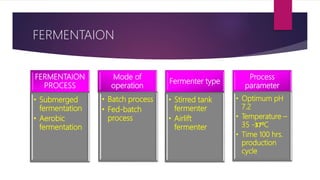 FERMENTAION
FERMENTAION
PROCESS
• Submerged
fermentation
• Aerobic
fermentation
Mode of
operation
• Batch process
• Fed-batch
process
Fermenter type
• Stirred tank
fermenter
• Airlift
fermenter
Process
parameter
• Optimum pH
7.2
• Temperature –
35 -370C
• Time 100 hrs.
production
cycle
 