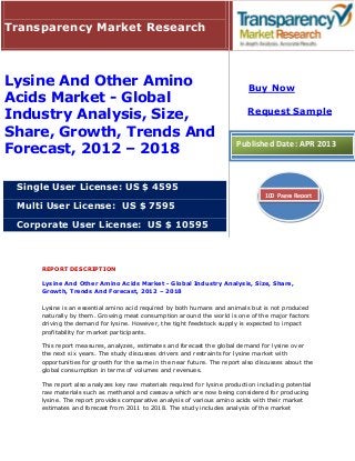 Transparency Market Research



Lysine And Other Amino                                                      Buy Now
Acids Market - Global
                                                                            Request Sample
Industry Analysis, Size,
Share, Growth, Trends And
Forecast, 2012 – 2018                                                   Published Date: APR 2013



 Single User License: US $ 4595
                                                                                 100 Pages Report
 Multi User License: US $ 7595

 Corporate User License: US $ 10595



     REPORT DESCRIPTION

     Lysine And Other Amino Acids Market - Global Industry Analysis, Size, Share,
     Growth, Trends And Forecast, 2012 – 2018

     Lysine is an essential amino acid required by both humans and animals but is not produced
     naturally by them. Growing meat consumption around the world is one of the major factors
     driving the demand for lysine. However, the tight feedstock supply is expected to impact
     profitability for market participants.

     This report measures, analyzes, estimates and forecast the global demand for lysine over
     the next six years. The study discusses drivers and restraints for lysine market with
     opportunities for growth for the same in the near future. The report also discusses about the
     global consumption in terms of volumes and revenues.

     The report also analyzes key raw materials required for lysine production including potential
     raw materials such as methanol and cassava which are now being considered for producing
     lysine. The report provides comparative analysis of various amino acids with their market
     estimates and forecast from 2011 to 2018. The study includes analysis of the market
 