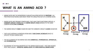 3
• AMINO ACIDS ARE THE MONOMERIC SUBUNITS BUILDING BLOCKS OF PROTEINS. ALL
PROTEINS IN OUR WORLD ARE MADE FROM THE UBIQUITOUS SET OF 20 AMINO ACIDS
• AMINO ACIDS ARE ORGANIC COMPOUNDS, THEY HAVE TWO FUNCTIONAL GROUPS, A
CARBOXYL GROUP (-COOH) AND AN AMINE GROUP (-NH2) BONDED TO THE SAME
CARBON ATOM (THE α CARBON)
• THE AMINO GROUP IS BASIC IN NATURE AND THE CARBOXYL GROUP IS ACIDIC IN NATURE
• THEY ALSO CONTAIN A HYDROGEN ATOM AND A SIDE CHAIN (R GROUP) WHICH IS
SPECIFIC TO EACH AMINO ACID.
• THE KEY ELEMENTS OF AN AMINO ACID ARE CARBON (C) , HYDROGEN (H) , OXYGEN (O) ,
AND NITROGEN (N).
• ACCORDING TO THE REQUIREMENTS OF THE AMINO ACIDS IN DIET , THEY ARE DIVIDED
INTO TWO CLASSES - ESSENTIAL AMINO ACIDS AND NON ESSENTIAL AMINO ACIDS.
WHAT IS AN AMINO ACID ?
 