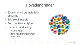 Hovedendringer
• Både innhold og metadata
omfattet
• Teknologinøytralt
• Auto cookie-samtykke
• Hardere håndheving
– GDPR-bøter
– Nytt håndhevingssystem
norsk rett
 