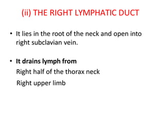 (ii) THE RIGHT LYMPHATIC DUCT
• It lies in the root of the neck and open into
right subclavian vein.
• It drains lymph from
Right half of the thorax neck
Right upper limb
 