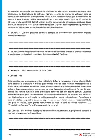 As pressões ambientais pela redução na emissão de gás-estufa, somadas ao anseio pela
diminuição da dependência do petróleo, fizeram os olhos do mundo se voltarem para os
combustíveis renováveis, principalmente para o etanol. Líderes na produção e no consumo de
etanol, Brasil e Estados Unidos da América (EUA) produziram, juntos, cerca de 35 bilhões de
litros do produto em 2006. Os EUA utilizam o milho como matéria-prima para a produção desse
álcool, ao passo que o Brasil utiliza a cana-de-açúcar. O quadro abaixo apresenta alguns índices
relativos ao processo de obtenção de álcool nesses dois países.
  
ATIVIDADE 2-  Qual dos produtos permite a geração de biocombustível com menor impacto
ambiental? Explique.
ATIVIDADE 3- Qual dos países contribuído para a sustentabilidade ambiental quando se observa
a produção de combustíveis renováveis (biocombustíveis)? Explique.
 
ATIVIDADE 4 - Leia o preâmbulo da Carta da Terra.
 
A Carta da Terra
 
Estamos diante de um momento crítico na história da Terra, numa época em que a humanidade
deve escolher o seu futuro. À medida que o mundo torna-se cada vez mais interdependente e
frágil, o futuro enfrenta, ao mesmo tempo, grandes perigos e grandes promessas. Para seguir
adiante, devemos reconhecer que o meio de uma diversidade de culturas e formas de vida,
somos uma família humana e uma comunidade terrestre com um destino comum. Devemos
somar forças para gerar uma sociedade sustentável global baseada no respeito pela natureza,
nos direitos humanos universais, na justiça econômica e numa cultura de paz. Para chegar a
esse propósito, é imperativo que, nós, os povos da terra, declaremos nossa responsabilidade
uns para os outros, com grande comunidade da vida, e com as futuras gerações. (...)
(Preâmbulo da Carta da Terra. Em: www.eartcharter.org)
 
a) A Carta da Terra motiva a busca pelo desenvolvimento sustentável. Explique esse conceito a
partir de um exemplo da vida cotidiana.
_________________________________
_________________________________
_________________________________
_________________________________
_________________________________
_________________________________
_________________________________
94
 