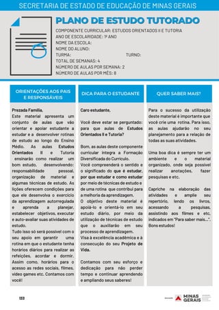 Prezada Família,
Este material apresenta um
conjunto de aulas que vão
orientar e apoiar estudante a
estudar e a desenvolver rotinas
de estudo ao longo do Ensino
Médio. As aulas Estudos
Orientados II e Tutoria
ensinarão como realizar  um
bom estudo, desenvolvendo:
responsabilidade pessoal,
organização de material e
algumas técnicas de estudo. As
lições oferecem condições para
que ele desenvolva o exercício
da aprendizagem autorregulada
e aprenda a planejar,
estabelecer objetivos, executar
e auto-avaliar suas atividades de
estudo.
Tudo isso só será possível com o
seu apoio em garantir uma
rotina em que o estudante tenha
horários diários para realizar as
refeições, acordar e dormir.
Assim como, horários para o
acesso as redes sociais, filmes,
vídeo games etc. Contamos com
você!
Caro estudante,
 
Você deve estar se perguntado:
para que aulas de Estudos
Orientados II e Tutoria?
 
Bom, as aulas deste componente
curricular integra a Formação
Diversificada do Currículo.
Você compreenderá o sentido e
o significado do que é estudar,
por que estudar e como estudar
por meio de técnicas de estudo e
de uma rotina  que contribui para
a melhoria da aprendizagem.
O objetivo deste material é
apoiá-lo e orientá-lo em seu
estudo diário, por meio da
utilização de técnicas de estudo
que o auxiliarão em seu
processo de aprendizagem.
Visa à excelência acadêmica e à
consecução do seu Projeto de
Vida.
Contamos com seu esforço e
dedicação para não perder
tempo e continuar aprendendo
e ampliando seus saberes!
Para o sucesso da utilização
deste material é importante que
você crie uma  rotina. Para isso,
as aulas ajudarão no seu
planejamento para a relação de
todas as suas atividades. 
Uma boa dica é sempre ter um
ambiente e o material
organizado, onde seja possível
realizar anotações, fazer
pesquisas e etc.
Capriche na elaboração das
atividades e amplie seu
repertório, lendo os livros,
acessando a pesquisas,
assistindo aos filmes e etc,
indicados em “Para saber mais...”.
Bons estudos!
ORIENTAÇÕES AOS PAIS
E RESPONSÁVEIS
DICA PARA O ESTUDANTE QUER SABER MAIS?
COMPONENTE CURRICULAR: ESTUDOS ORIENTADOS II E TUTORIA
ANO DE ESCOLARIDADE: 1º ANO
NOME DA ESCOLA:
NOME DO ALUNO:
TURMA: TURNO:
TOTAL DE SEMANAS: 4
NÚMERO DE AULAS POR SEMANA: 2
NÚMERO DE AULAS POR MÊS: 8
PLANO DE ESTUDO TUTORADOPLANO DE ESTUDO TUTORADO
SECRETARIA DE ESTADO DE EDUCAÇÃO DE MINAS GERAIS
133
 