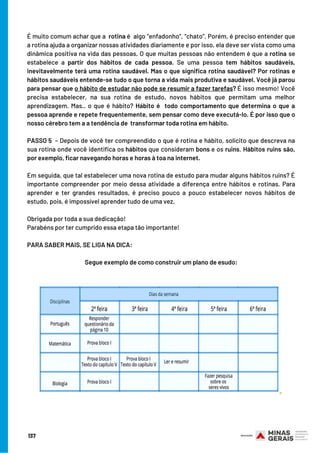 É muito comum achar que a  rotina é  algo “enfadonho”, “chato”. Porém, é preciso entender que
a rotina ajuda a organizar nossas atividades diariamente e por isso, ela deve ser vista como uma
dinâmica positiva na vida das pessoas. O que muitas pessoas não entendem é que a rotina se
estabelece a partir dos hábitos de cada pessoa. Se uma pessoa tem hábitos saudáveis,
inevitavelmente terá uma rotina saudável. Mas o que significa rotina saudável? Por rotinas e
hábitos saudáveis entende-se tudo o que torna a vida mais produtiva e saudável. Você já parou
para pensar que o hábito de estudar não pode se resumir a fazer tarefas? É isso mesmo! Você
precisa estabelecer, na sua rotina de estudo, novos hábitos que permitam uma melhor
aprendizagem. Mas.. o que é hábito? Hábito é  todo comportamento que determina o que a
pessoa aprende e repete frequentemente, sem pensar como deve executá-lo. É por isso que o
nosso cérebro tem a a tendência de  transformar toda rotina em hábito.
 
PASSO 5  – Depois de você ter compreendido o que é rotina e hábito, solicito que descreva na
sua rotina onde você identifica os hábitos que consideram bons e os ruins. Hábitos ruins são,
por exemplo, ficar navegando horas e horas à toa na internet.
Em seguida, que tal estabelecer uma nova rotina de estudo para mudar alguns hábitos ruins? É
importante compreender por meio dessa atividade a diferença entre hábitos e rotinas. Para
aprender e ter grandes resultados, é preciso pouco a pouco estabelecer novos hábitos de
estudo, pois, é impossível aprender tudo de uma vez.
 
Obrigada por toda a sua dedicação!
Parabéns por ter cumprido essa etapa tão importante!
 
PARA SABER MAIS, SE LIGA NA DICA:
Segue exemplo de como construir um plano de esudo:
137
 