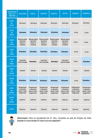 EstudosEstudos
Pausa para
lanche/
olhar o
celular
Pausa para
lanche/
olhar o
celular
Pausa para
lanche/
olhar o
celular
Pausa para
lanche/
olhar o
celular
Pausa para
lanche/
olhar o
celular
Estudos
Jantar
19:30
às
20:30
LivreJantar Jantar Jantar Jantar Jantar
EstudosEstudos
Organizar
o quarto
para o dia
seguinte
21:30
às
22:00
Organizar
o quarto
para o dia
seguinte
Organizar
o quarto
para o dia
seguinte
Organizar
o quarto
para o dia
seguinte
Organizar
o quarto
para o dia
seguinte
Organizar
o quarto
para o dia
seguinte
Organizar
o quarto
para o dia
seguinte
HORÁRIOS/
DIAS DA
SEMANA
SEGUNDA TERÇA QUARTA QUINTA SEXTA SÁBADO DOMINGO
Almoço
12:30
às
13:30
Almoço Almoço Almoço Almoço Almoço Almoço
LivreLivreEstudosEstudosEstudos
13:30
às
15:00
15:00
às
15:30
LivreLivre
15:30
às
17:00
EstudosEstudos EstudosEstudos LivreLivre
Estudos
Lanche/
caminhada
17:00
às
19:30
LivreLanche/
caminhada
Lanche/
caminhadaEstudos Estudos
20:30
às
21:30
EstudosEstudos EstudosLivreEstudosEstudos
22:00
às
22:30
Leitura Leitura Leitura Leitura Leitura Leitura Leitura
22:30 Dormir Dormir Dormir Dormir Dormir Dormir Dormir
Observação: Para os estudantes do 2º. Ano, consultar as aula de Projeto de Vida:
Quando é o meu tempo? E como vou me organizar?
151
 
