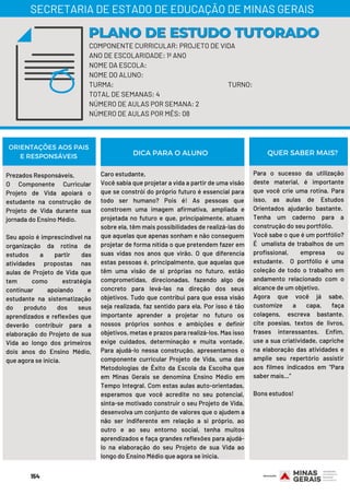 COMPONENTE CURRICULAR: PROJETO DE VIDA
ANO DE ESCOLARIDADE: 1º ANO
NOME DA ESCOLA:
NOME DO ALUNO:
TURMA: TURNO:
TOTAL DE SEMANAS: 4
NÚMERO DE AULAS POR SEMANA: 2
NÚMERO DE AULAS POR MÊS: 08
PLANO DE ESTUDO TUTORADOPLANO DE ESTUDO TUTORADO
SECRETARIA DE ESTADO DE EDUCAÇÃO DE MINAS GERAIS
ORIENTAÇÕES AOS PAIS
E RESPONSÁVEIS
Prezados Responsáveis,
O Componente Curricular
Projeto de Vida apoiará o
estudante na construção de
Projeto de Vida durante sua
jornada do Ensino Médio.
Seu apoio é imprescindível na
organização da rotina de
estudos a partir das
atividades propostas nas
aulas de Projeto de Vida que
tem como estratégia
continuar apoiando e
estudante na sistematização
do produto dos seus
aprendizados e reflexões que
deverão contribuir para a
elaboração do Projeto de sua
Vida ao longo dos primeiros
dois anos do Ensino Médio,
que agora se inicia.
Caro estudante,
Você sabia que projetar a vida a partir de uma visão
que se constrói do próprio futuro é essencial para
todo ser humano? Pois é! As pessoas que
constroem uma imagem afirmativa, ampliada e
projetada no futuro e que, principalmente, atuam
sobre ela, têm mais possibilidades de realizá-las do
que aquelas que apenas sonham e não conseguem
projetar de forma nítida o que pretendem fazer em
suas vidas nos anos que virão. O que diferencia
estas pessoas é, principalmente, que aquelas que
têm uma visão de si próprias no futuro, estão
comprometidas, direcionadas, fazendo algo de
concreto para levá-las na direção dos seus
objetivos. Tudo que contribui para que essa visão
seja realizada, faz sentido para ela. Por isso é tão
importante aprender a projetar no futuro os
nossos próprios sonhos e ambições e definir
objetivos, metas e prazos para realizá-los. Mas isso
exige cuidados, determinação e muita vontade.
Para ajudá-lo nessa construção, apresentamos o
componente curricular Projeto de Vida, uma das
Metodologias de Êxito da Escola da Escolha que
em Minas Gerais se denomina Ensino Médio em
Tempo Integral. Com estas aulas auto-orientadas,
esperamos que você acredite no seu potencial,
sinta-se motivado construir o seu Projeto de Vida,
desenvolva um conjunto de valores que o ajudem a
não ser indiferente em relação a si próprio, ao
outro e ao seu entorno social, tenha muitos
aprendizados e faça grandes reflexões para ajudá-
lo na elaboração do seu Projeto de sua Vida ao
longo do Ensino Médio que agora se inicia.
Para o sucesso da utilização
deste material, é importante
que você crie uma rotina. Para
isso, as aulas de Estudos
Orientados ajudarão bastante. 
Tenha um caderno para a
construção do seu portfólio.
Você sabe o que é um portfólio?
É umalista de trabalhos de um
profissional, empresa ou
estudante.  O portfólio é uma
coleção de todo o trabalho em
andamento relacionado com o
alcance de um objetivo.
Agora que você já sabe,
customize a capa, faça
colagens, escreva bastante,
cite poesias, textos de livros,
frases interessantes. Enfim,
use a sua criatividade, capriche
na elaboração das atividades e
amplie seu repertório assistir
aos filmes indicados em “Para
saber mais...”
Bons estudos!
DICA PARA O ALUNO QUER SABER MAIS?
154
 