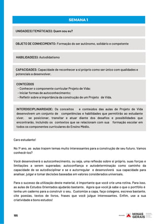 UNIDADE(S) TEMÁTICA(S): Quem sou eu?
OBJETO DE CONHECIMENTO: Formação do ser autônomo, solidário e competente
HABILIDADE(S): Autodidatismo
SEMANA 1
CAPACIDADES: Capacidade de reconhecer a si próprio como ser único com qualidades e
potenciais a desenvolver.
Caro estudante!
 
No 1º ano, as  aulas trazem temas muito interessantes para a construção de seu futuro. Vamos
conhecê-los?
Você desenvolverá o autoconhecimento, ou seja, uma reflexão sobre si próprio, suas forças e
limitações a serem superadas; autoconfiança e autodeterminação como caminho da
capacidade de se autodisciplinar e se e autorregular  e desenvolverá  sua capacidade para
analisar, julgar e tomar decisões baseadas em valores considerados universais.
Para o sucesso da utilização deste material, é importante que você crie uma rotina. Para isso,
as aulas de Estudos Orientados ajudarão bastante.  Agora que você já sabe o que o portfólio é 
tenha um caderno para a construir o seu.  Customize a capa, faça colagens, escreva bastante,
cite poesias, textos de livros, frases que você julgue interessantes. Enfim, use a sua
criatividade e bons estudos!
CONTEÚDOS
- Conhecer o componente curricular Projeto de Vida;
- Iniciar formas de autoconhecimento;
- Refletir sobre a importância da construção de um Projeto de Vida.
INTERDISCIPLINARIDADE: Os conceitos e conteúdos das aulas de Projeto de Vida
desenvolvem um conjunto de competências e habilidades que permitirão ao estudante
viver,  se posicionar, transitar e atuar diante dos desafios e possibilidades que
encontrarão, incluindo os  contextos que se relacionam com sua formação escolar em
todos os componentes curriculares do Ensino Médio.
155
 