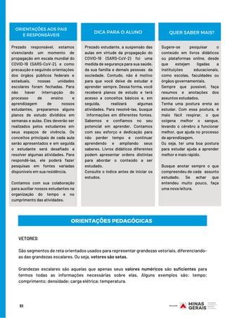 Prezado responsável, estamos
vivenciando um momento de
propagação em escala mundial do
COVID-19 (SARS-CoV-2), e como
precaução e seguindo orientações
dos órgãos públicos federais e
estaduais, nossas unidades
escolares foram fechadas. Para
não haver interrupção do
processo de ensino e
aprendizagem de nossos
estudantes, preparamos alguns
planos de estudo divididos em
semanas e aulas. Eles deverão ser
realizados pelos estudantes em
seus espaços de vivência. Os
conceitos principais de cada aula
serão apresentados e em seguida
o estudante será desafiado a
resolver algumas atividades. Para
respondê-las, ele poderá fazer
pesquisas em fontes variadas
disponíveis em sua residência.
Contamos com sua colaboração
para auxiliar nossos estudantes na
organização do tempo e no
cumprimento das atividades.
Prezado estudante, a suspensão das
aulas em virtude da propagação do
COVID-19 (SARS-CoV-2) foi uma
medida de segurança para sua saúde,
da sua família e demais pessoas da
sociedade. Contudo, não é motivo
para que você deixe de estudar e
aprender sempre. Dessa forma, você
receberá planos de estudo e terá
acesso a conceitos básicos e, em
seguida, realizará algumas
atividades. Para resolvê-las, busque
informações em diferentes fontes.
Sabemos e confiamos no seu
potencial em aprender. Contamos
com seu esforço e dedicação para
não perder tempo e continuar
aprendendo e ampliando seus
saberes. Livros didáticos diferentes
podem apresentar ordens distintas
para abordar o conteúdo a ser
estudado.
Consulte o índice antes de iniciar os
estudos.
ORIENTAÇÕES AOS PAIS
E RESPONSÁVEIS
Sugere-se pesquisar o
conteúdo em livros didáticos
ou plataformas online, desde
que estejam ligadas a
instituições educacionais,
como escolas, faculdades ou
órgãos governamentais.
Sempre que possível, faça
resumos e anotações dos
assuntos estudados.
Tenha uma postura ereta ao
estudar. Com essa postura, é
mais fácil respirar, o que
oxigena melhor o sangue,
levando o cérebro a funcionar
melhor, que ajuda no processo
de aprendizagem.
Ou seja, ter uma boa postura
para estudar ajuda a aprender
melhor e mais rápido.
Busque anotar sempre o que
compreendeu de cada assunto
estudado. Se achar que
entendeu muito pouco, faça
uma nova leitura.
DICA PARA O ALUNO QUER SABER MAIS?
ORIENTAÇÕES PEDAGÓGICAS
VETORES
São segmentos de reta orientados usados para representar grandezas vetoriais, diferenciando-
as das grandezas escalares. Ou seja, vetores são setas.
Grandezas escalares são aquelas que apenas seus valores numéricos são suficientes para
termos todas as informações necessárias sobre elas. Alguns exemplos são: tempo;
comprimento; densidade; carga elétrica; temperatura.
51
 