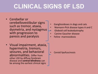 CLINICAL SIGNS 0F LSD
• Cerebellar or
cerebellovestibular signs
such as tremor, ataxia,
dysmetria, and nystagmus
with progression to
paresis and paralysis
• Visual impairment, ataxia,
hypermetria, tremors,
seizures, and behavioral
abnormalities. Differ from
other LSD by diffuse forebrain
disease and central blindness can
be among the earliest clinical signs
• Gangliosidoses in dogs and cats
• Niemann-Pick disease types A and C
• Globoid cell leukodystrophy
• Canine Gaucher disease
• Feline -mannosidosis
• Ceroid lipofuscinosis
 