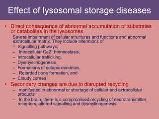 Effect of lysosomal storage diseases
• Direct consequence of abnormal accumulation of substrates
or catabolites in the lysosomes
Severe impairment of cellular structures and functions and abnormal
extracellular matrix. They include alterations of
– Signalling pathways,
– Intracellular Ca2+ homeostasis,
– Intracellular trafficking,
– Dysmyelinogenesis
– Formations of ectopic dendrites,
– Retarded bone formation, and
– Cloudy cornea
• Secondary changes are due to disrupted recycling
– manifested in abnormal or shortage of cellular and extracellular
products
– In the brain, there is a compromised recycling of neurotransmitter
receptors, altered signalling and dysmylinogenesis
 