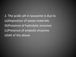 2. The acidic pH in lysosome is due to
(a)Deposition of waste materials
(b)Presence of hydrolytic enzymes
(c)Presence of anabolic enzymes
(d)All of the above
 
