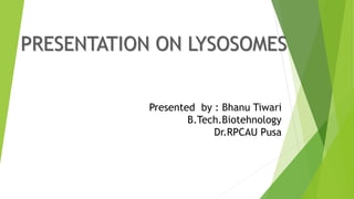 PRESENTATION ON LYSOSOMES
Presented by : Bhanu Tiwari
B.Tech.Biotehnology
Dr.RPCAU Pusa
 