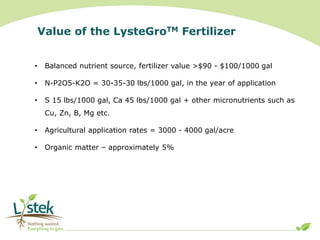 Value of the LysteGroTM Fertilizer
• Balanced nutrient source, fertilizer value >$90 - $100/1000 gal
• N-P2O5-K2O = 30-35-...