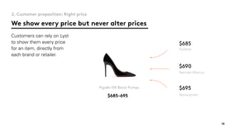 Customers can rely on Lyst
to show them every price
for an item, directly from
each brand or retailer.
We show every price but never alter prices
2. Customer proposition: Right price
$690
$685
$695
Neiman Marcus
Farfetch
Net-a-porter
Pigalle 100 Black Pumps
$685-695
10
 